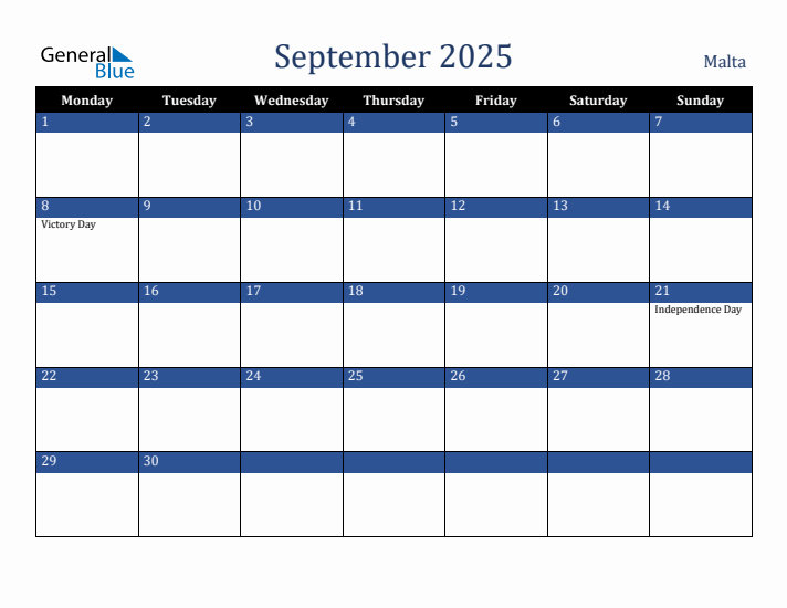 September 2025 Malta Calendar (Monday Start)