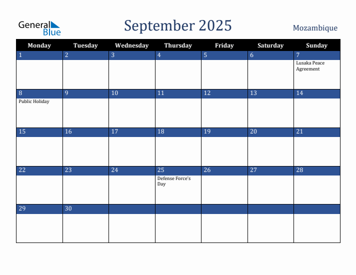 September 2025 Mozambique Calendar (Monday Start)