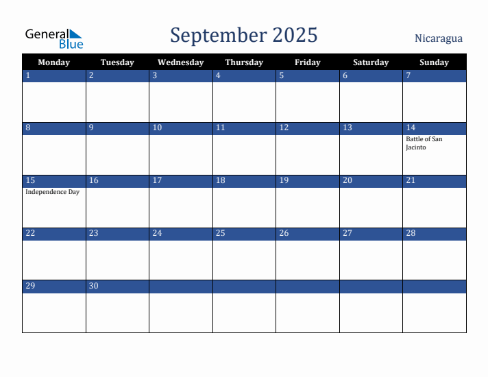 September 2025 Nicaragua Calendar (Monday Start)