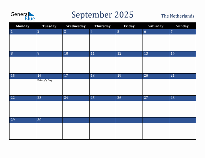 September 2025 The Netherlands Calendar (Monday Start)