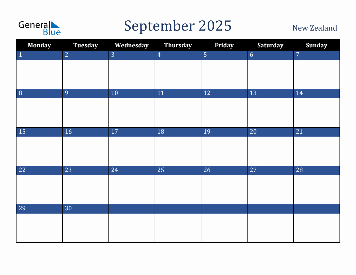 September 2025 New Zealand Holiday Calendar
