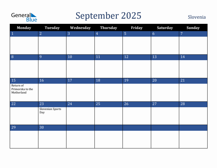 September 2025 Slovenia Calendar (Monday Start)