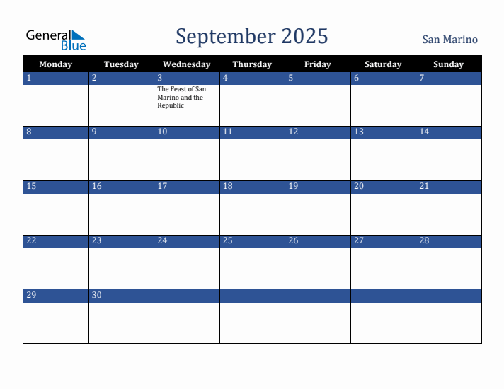 September 2025 San Marino Calendar (Monday Start)
