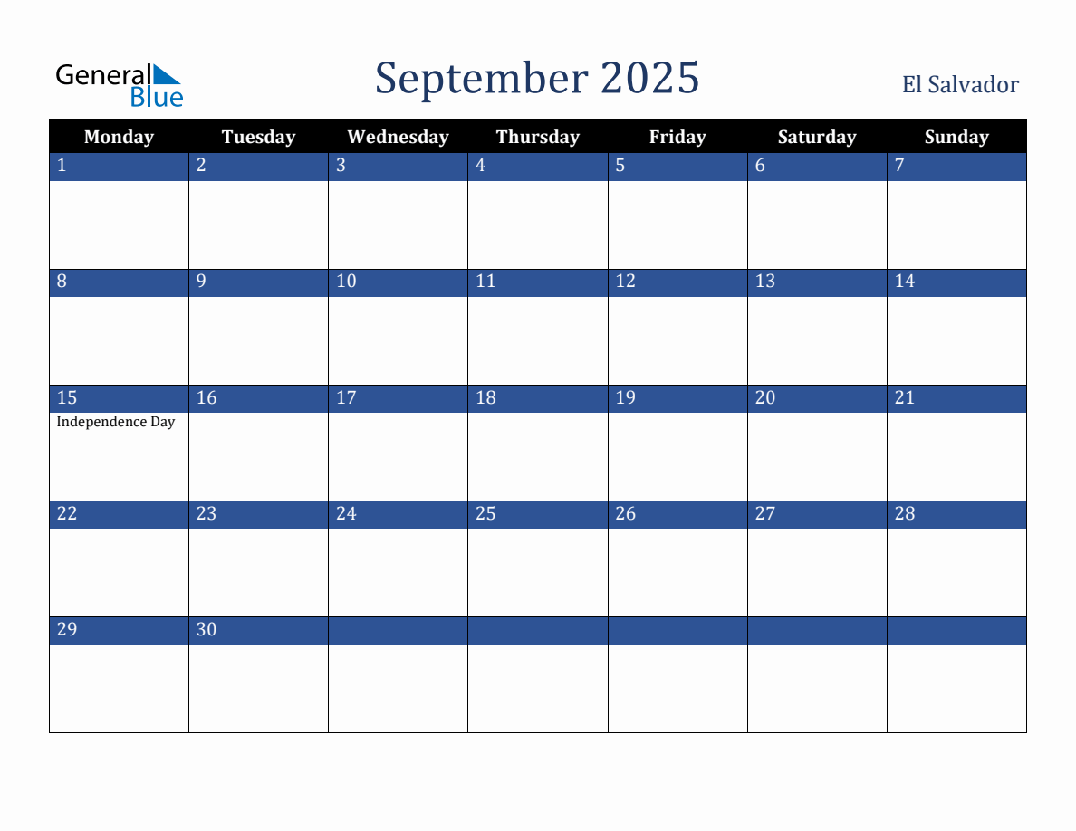 September 2025 El Salvador Holiday Calendar