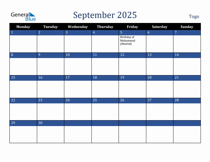 September 2025 Togo Calendar (Monday Start)