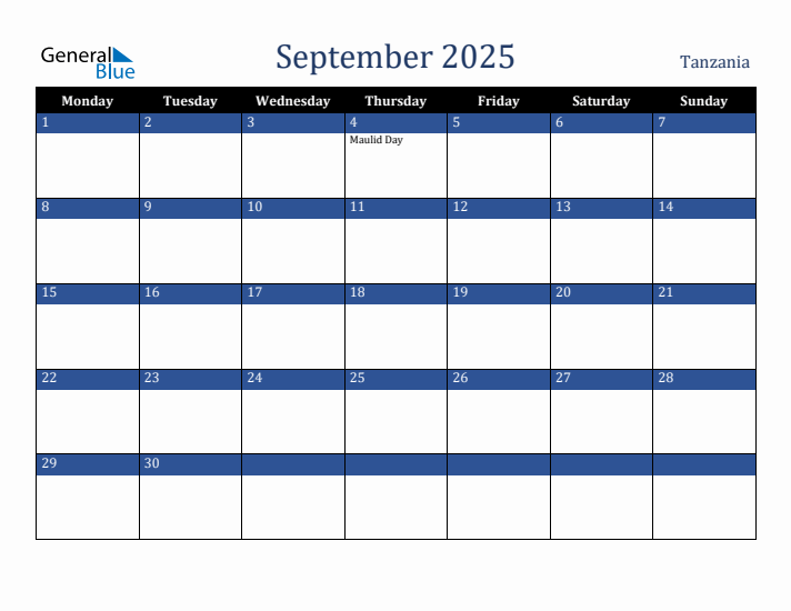 September 2025 Tanzania Calendar (Monday Start)