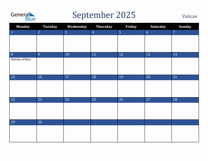 September 2025 Vatican Calendar (Monday Start)
