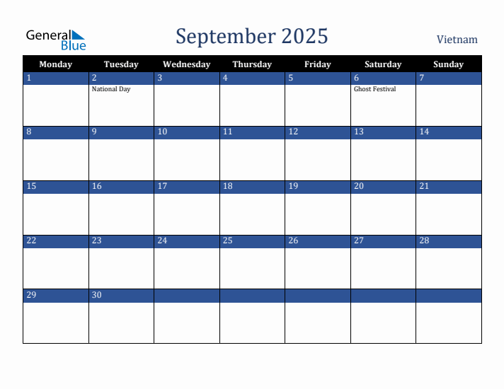 September 2025 Vietnam Calendar (Monday Start)
