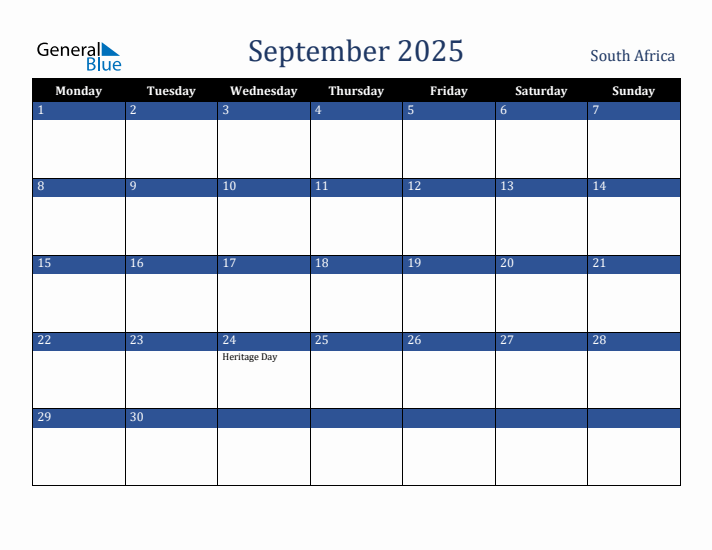 September 2025 South Africa Monthly Calendar with Holidays