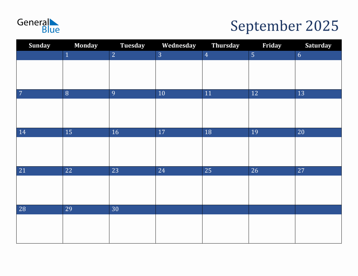 September 2025 Downloadable Sunday Start Calendar