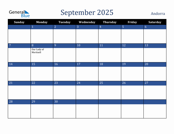 September 2025 Andorra Calendar (Sunday Start)