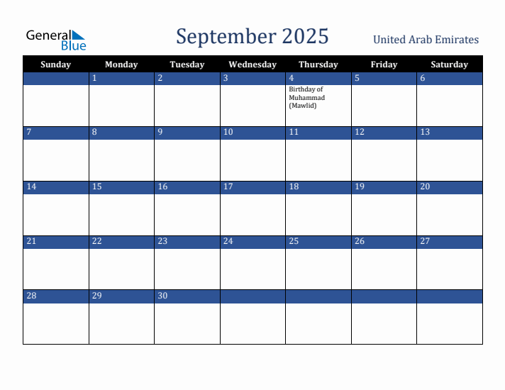 September 2025 United Arab Emirates Calendar (Sunday Start)