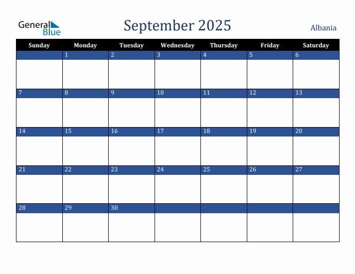September 2025 Albania Calendar (Sunday Start)
