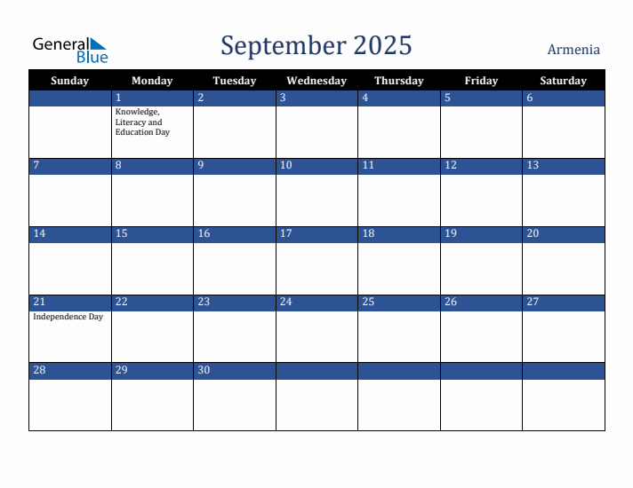 September 2025 Armenia Calendar (Sunday Start)