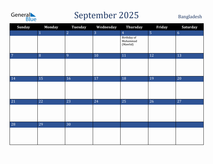September 2025 Bangladesh Calendar (Sunday Start)