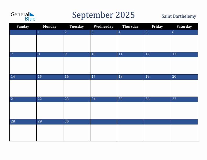 September 2025 Saint Barthelemy Calendar (Sunday Start)
