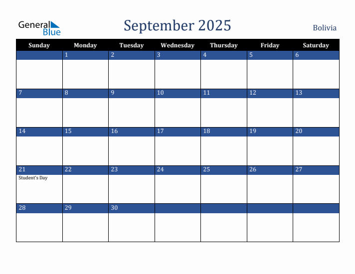 September 2025 Bolivia Calendar (Sunday Start)