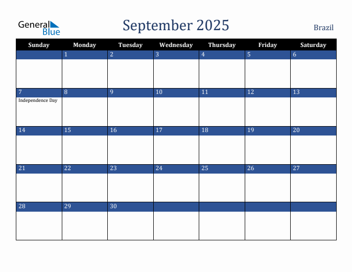 September 2025 Brazil Calendar (Sunday Start)