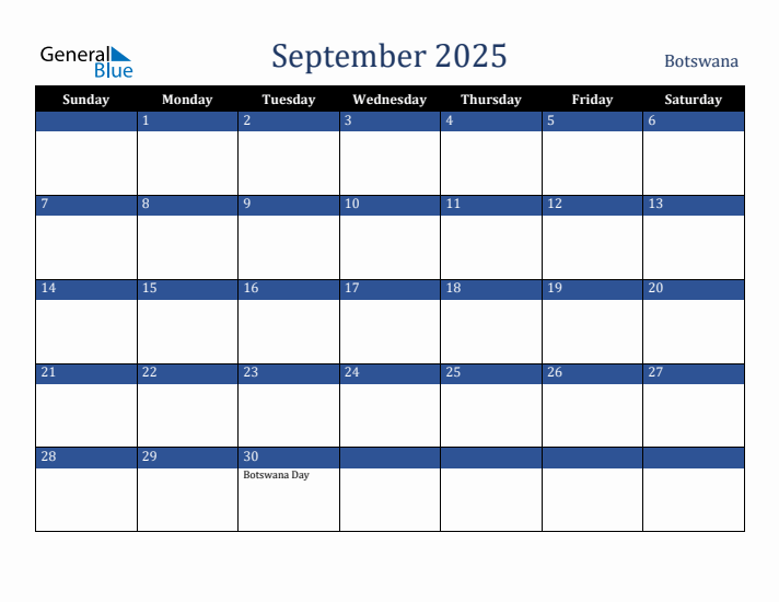 September 2025 Botswana Calendar (Sunday Start)