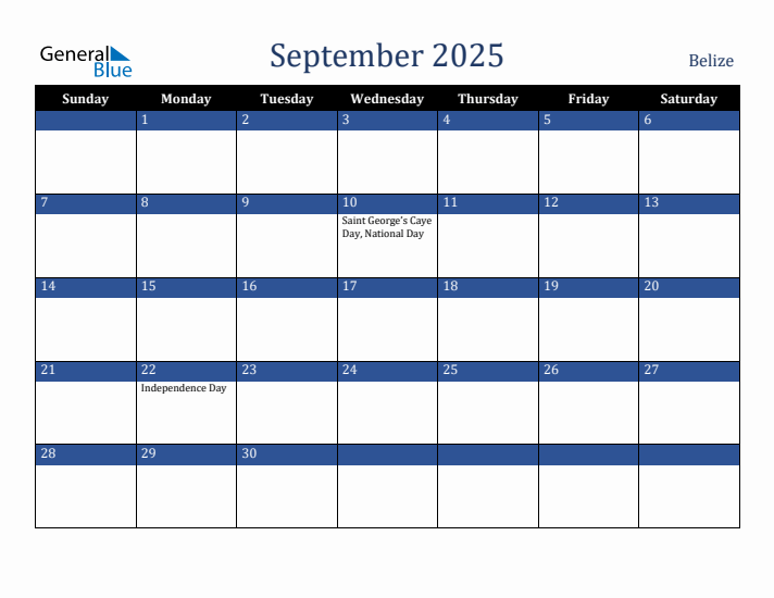September 2025 Belize Calendar (Sunday Start)