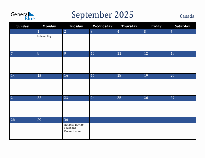 September 2025 Canada Calendar (Sunday Start)