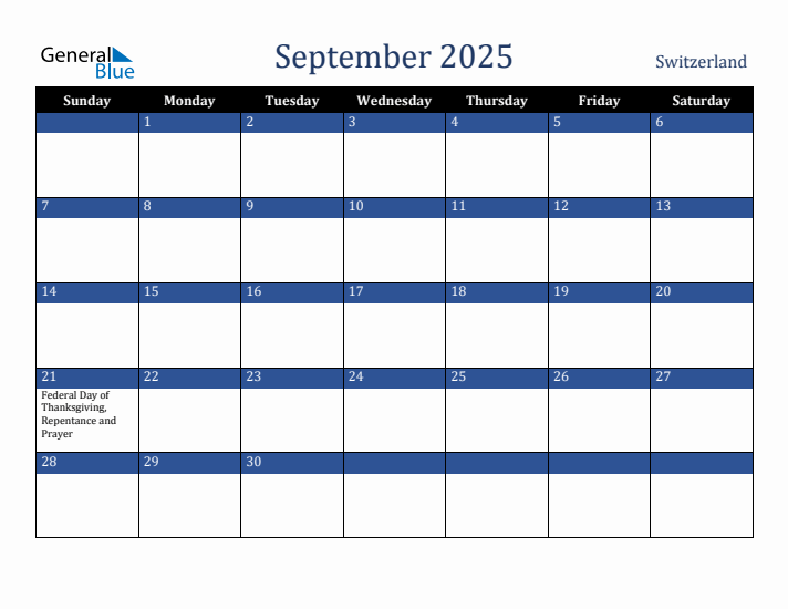 September 2025 Switzerland Calendar (Sunday Start)
