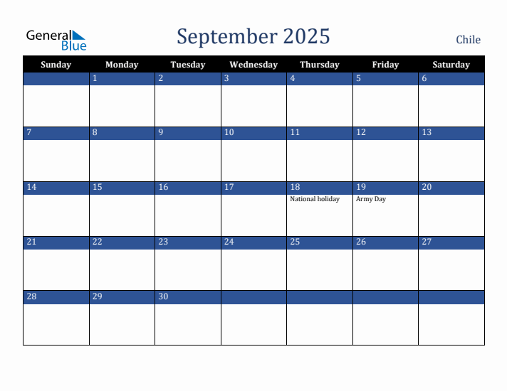 September 2025 Chile Calendar (Sunday Start)