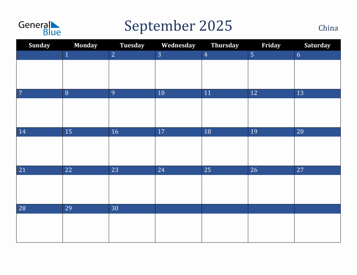 September 2025 China Holiday Calendar