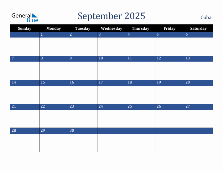 September 2025 Cuba Holiday Calendar