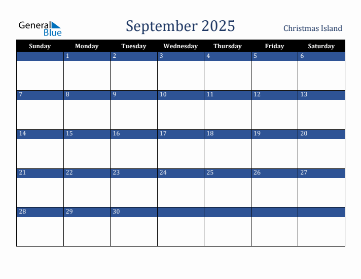 September 2025 Christmas Island Calendar (Sunday Start)