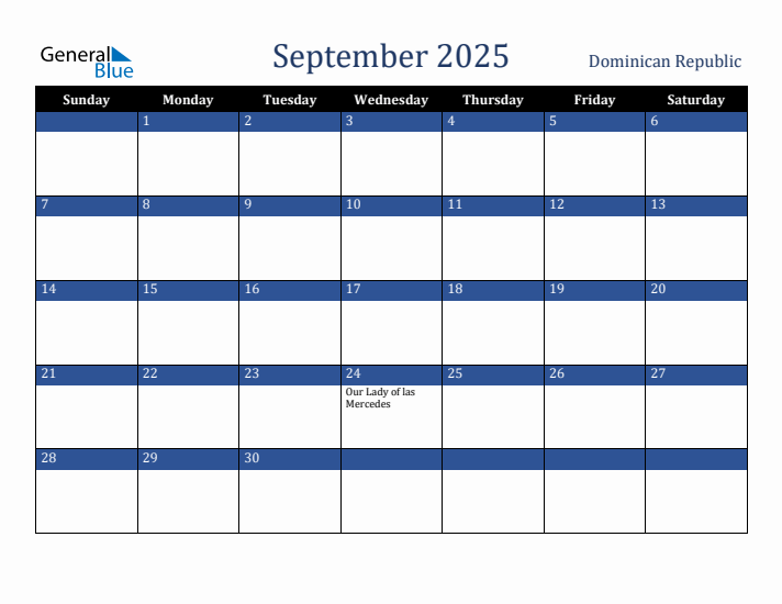 September 2025 Dominican Republic Calendar (Sunday Start)