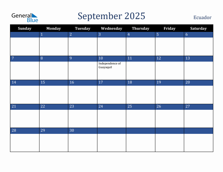 September 2025 Ecuador Calendar (Sunday Start)