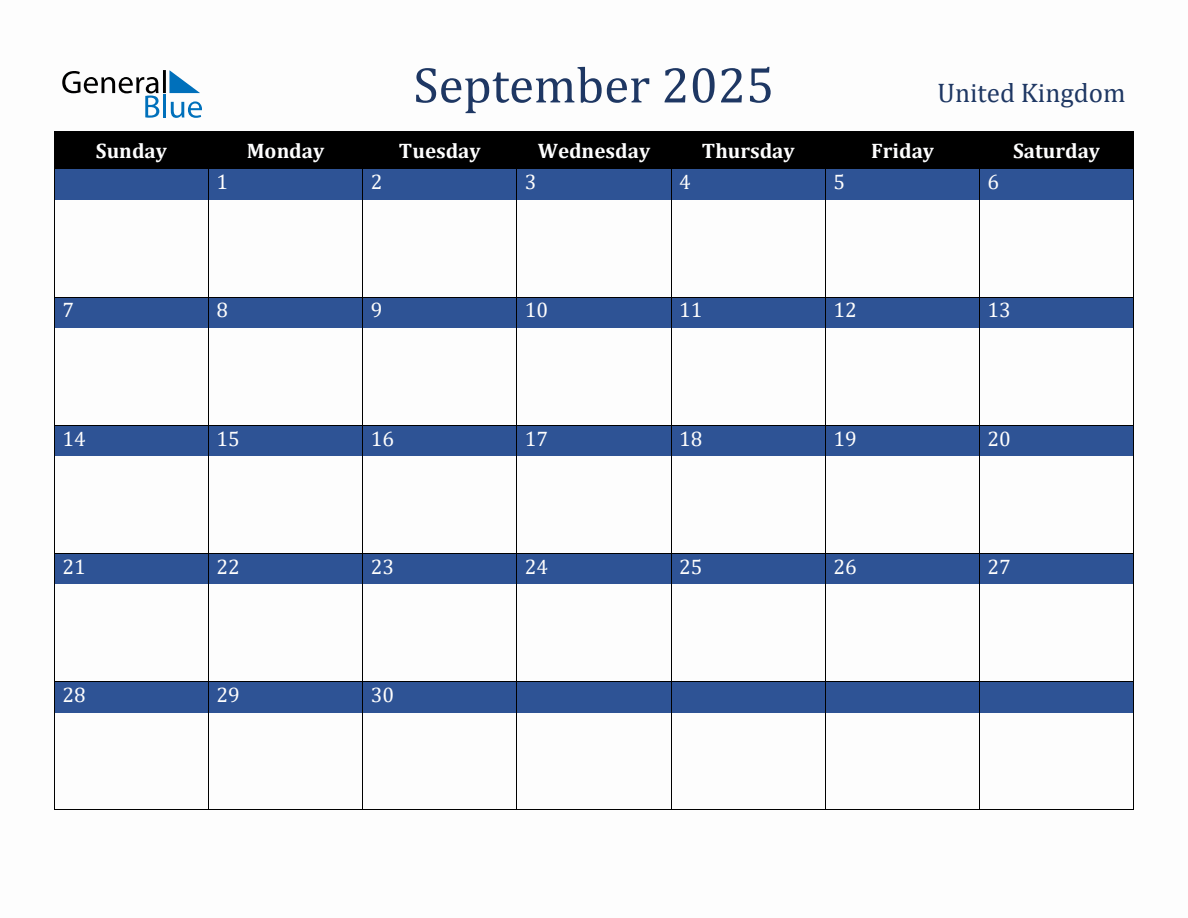 September 2025 United Kingdom Holiday Calendar