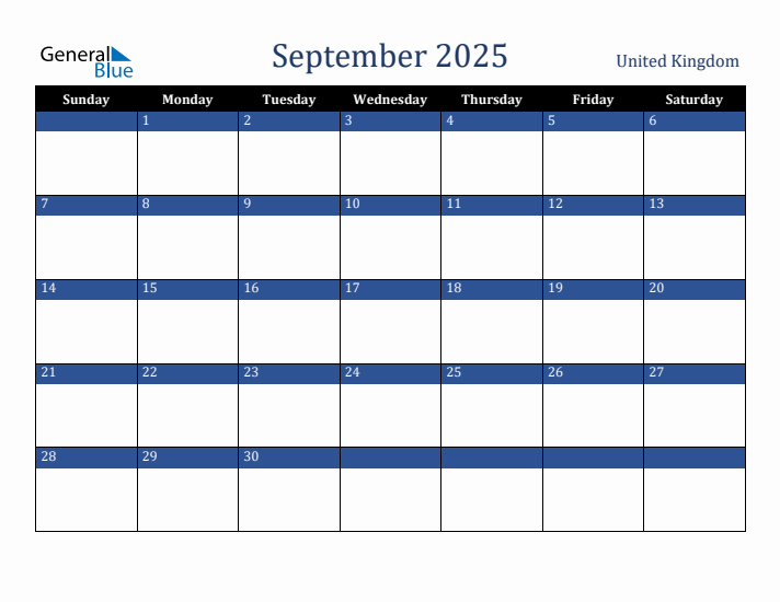 September 2025 United Kingdom Calendar (Sunday Start)