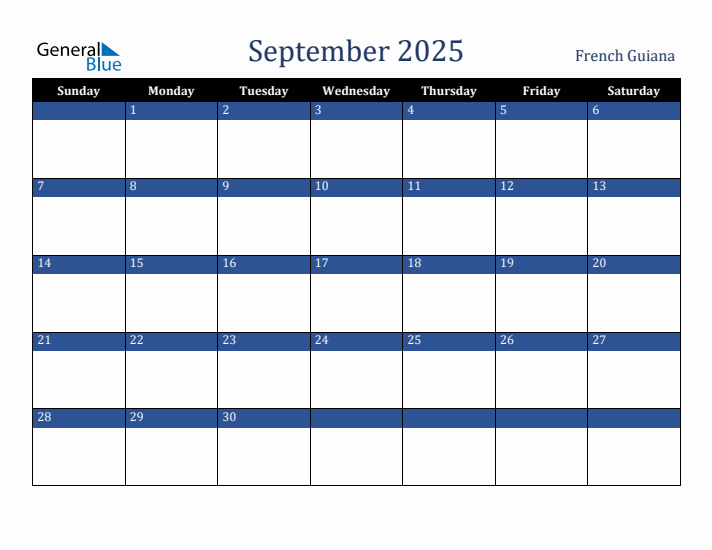 September 2025 French Guiana Calendar (Sunday Start)