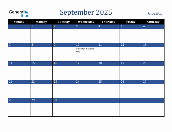 September 2025 Gibraltar Calendar (Sunday Start)