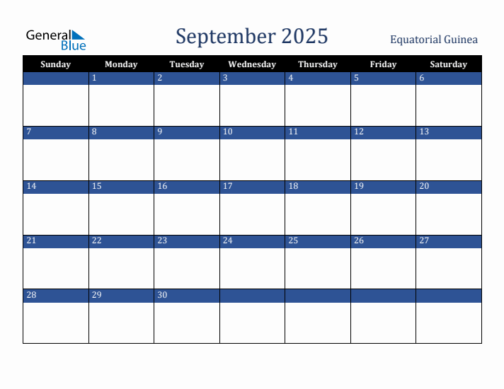 September 2025 Equatorial Guinea Calendar (Sunday Start)