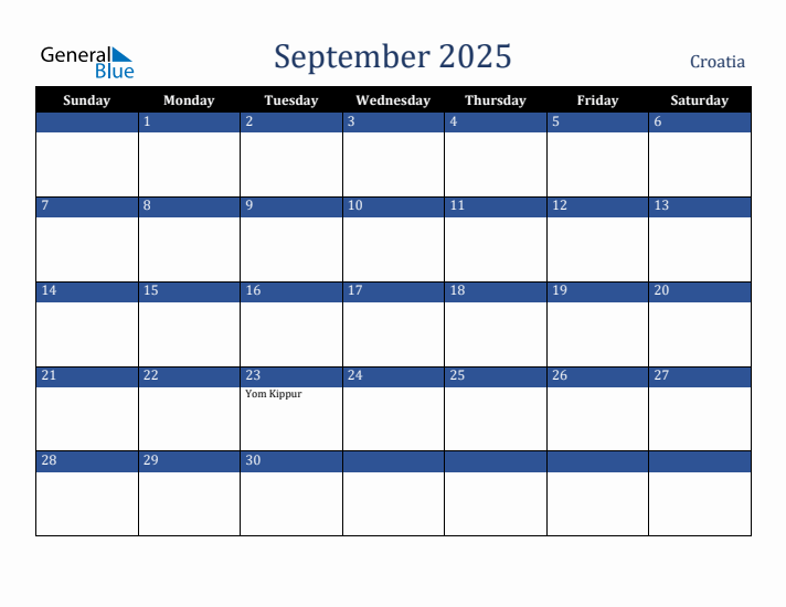 September 2025 Croatia Calendar (Sunday Start)