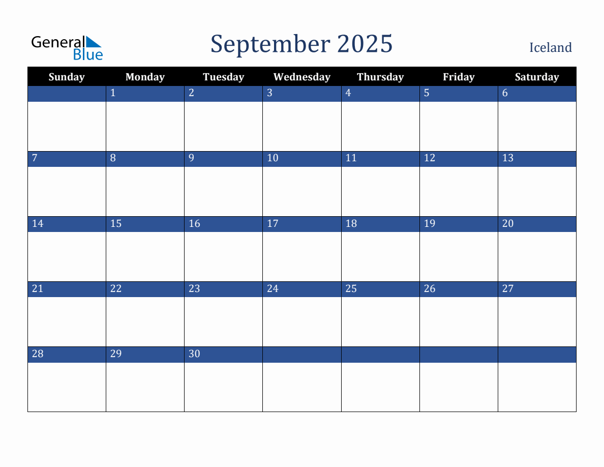 September 2025 Iceland Holiday Calendar