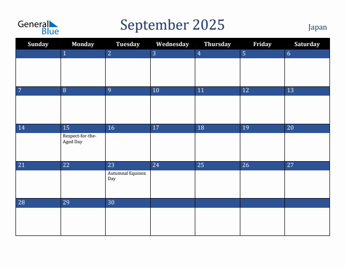 September 2025 Japan Calendar (Sunday Start)