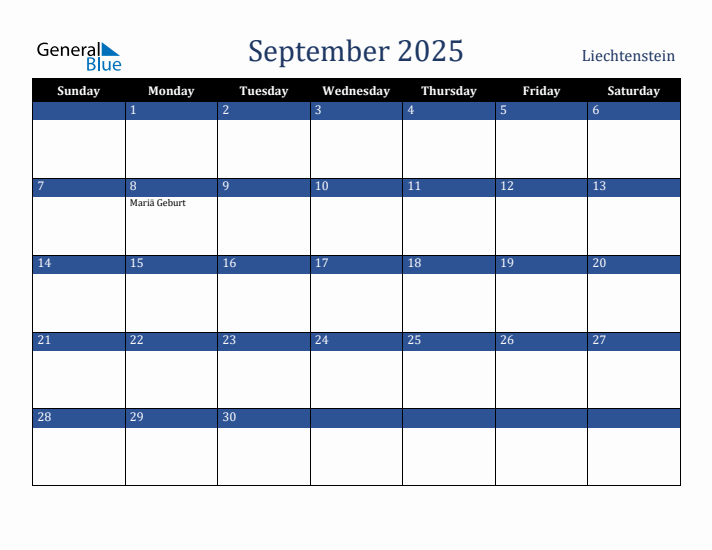 September 2025 Liechtenstein Calendar (Sunday Start)