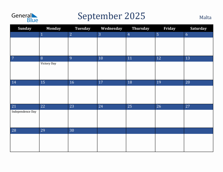 September 2025 Malta Calendar (Sunday Start)