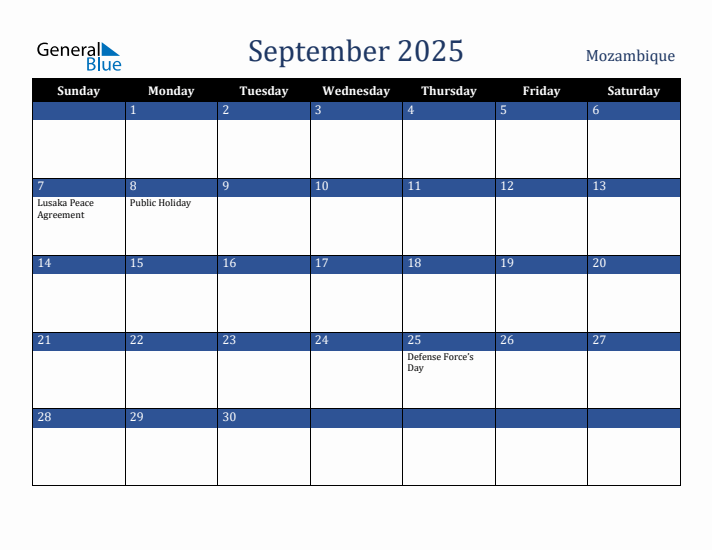 September 2025 Mozambique Calendar (Sunday Start)