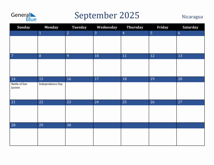 September 2025 Nicaragua Calendar (Sunday Start)