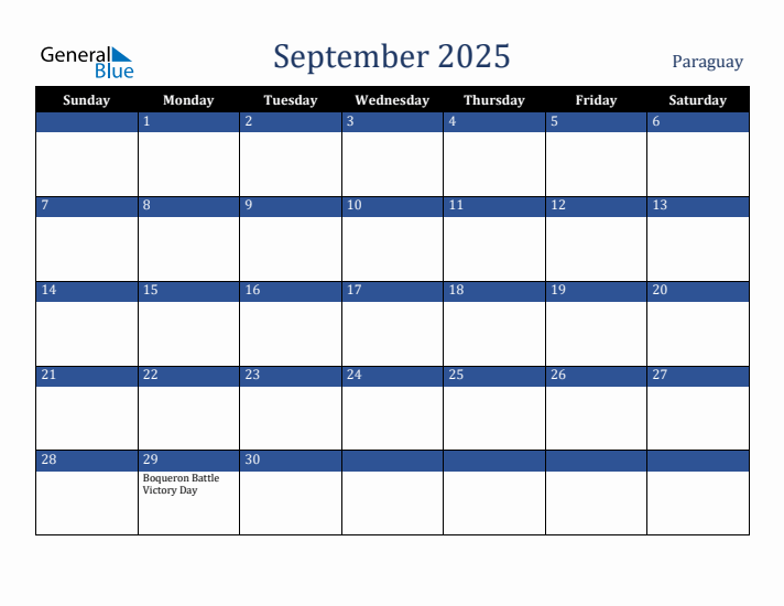 September 2025 Paraguay Calendar (Sunday Start)
