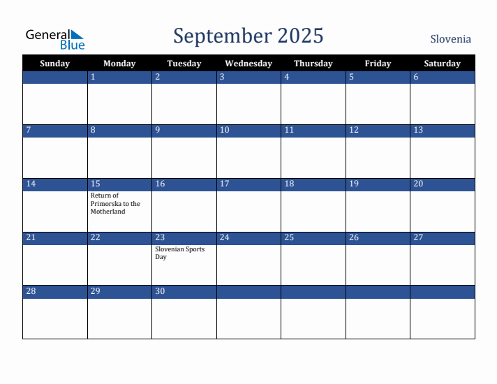 September 2025 Slovenia Calendar (Sunday Start)