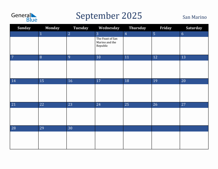 September 2025 San Marino Calendar (Sunday Start)