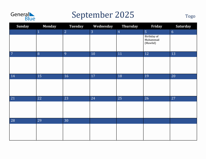 September 2025 Togo Calendar (Sunday Start)