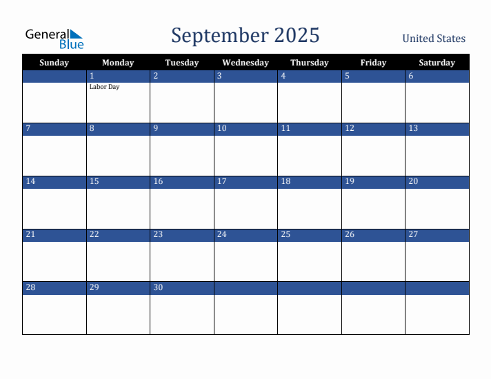 September 2025 United States Calendar (Sunday Start)