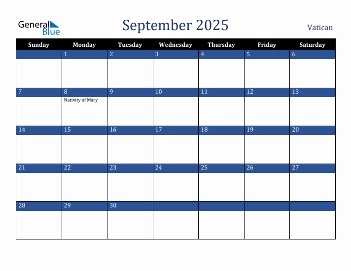 September 2025 Vatican Calendar (Sunday Start)